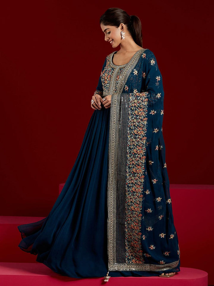 Libas Art Blue Yoke Design Georgette Anarkali Suit With Dupatta