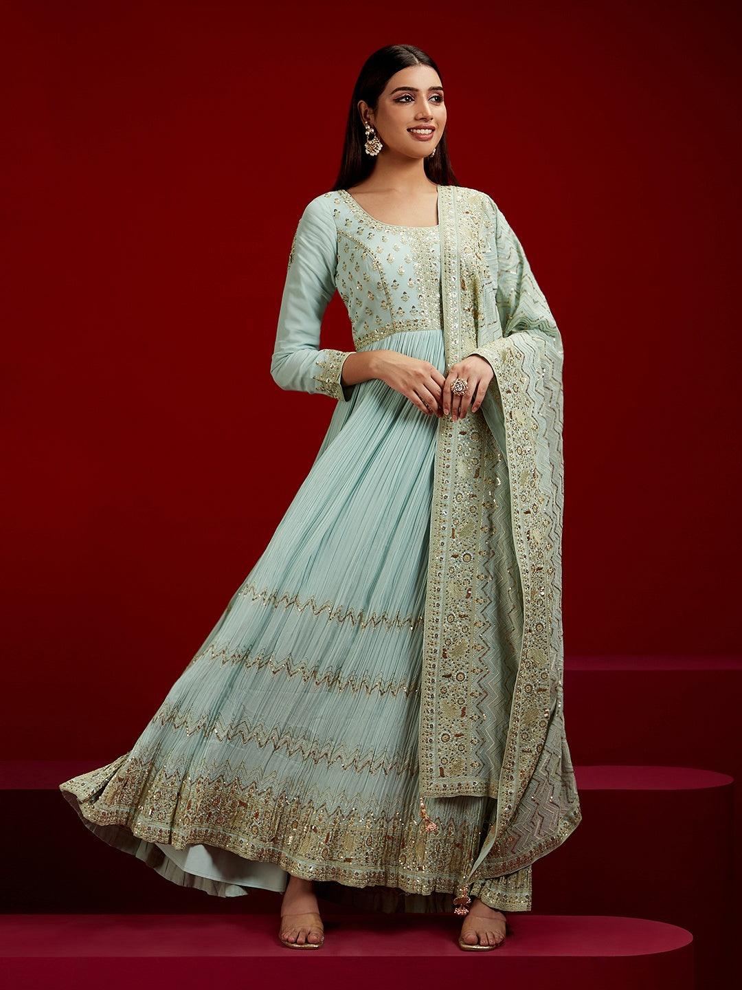 Green Yoke Design Cotton A-Line Kurta With Trousers & Dupatta