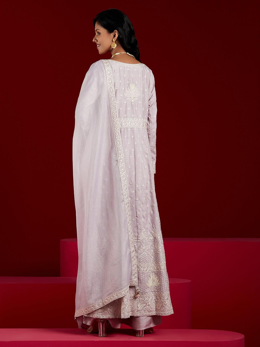 Libas Art Lilac Embroidered Silk A-Line Kurta With Palazzos & Dupatta - ShopLibas