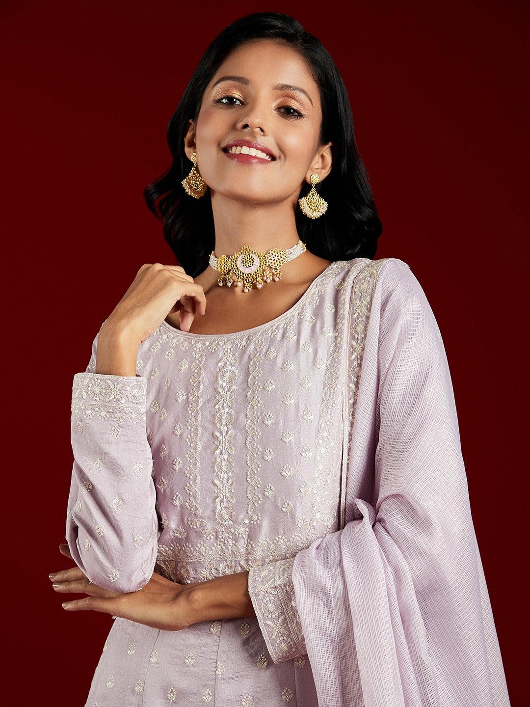 Libas Art Lilac Embroidered Silk A-Line Kurta With Palazzos & Dupatta - ShopLibas