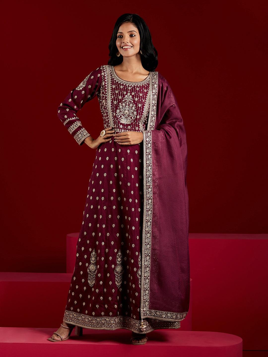 Libas Art Wine Embroidered Silk A-Line Kurta With Trousers & Dupatta - ShopLibas