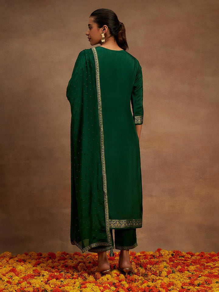 Green Woven Design Silk Blend Straight Suit With Dupatta