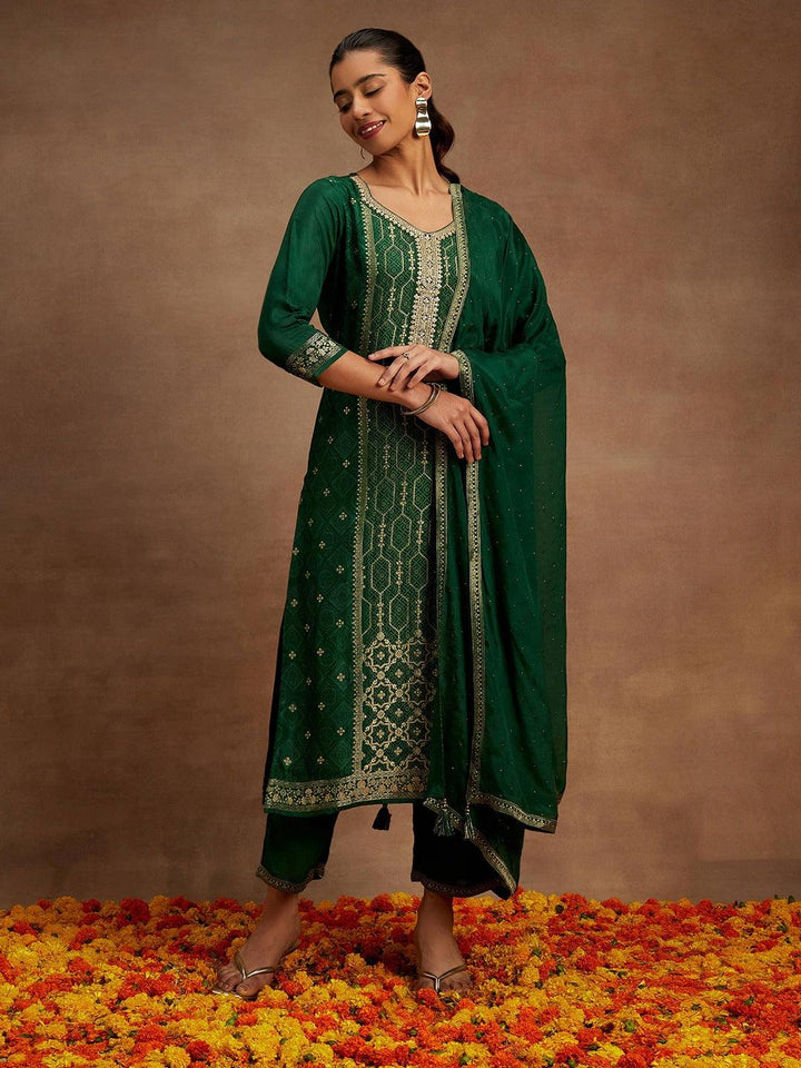 Green Woven Design Silk Blend Straight Suit With Dupatta