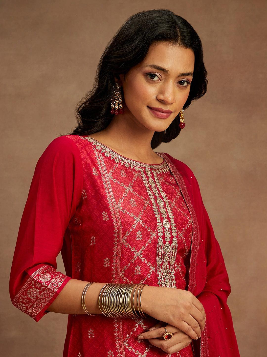 Fuchsia Pink Woven Design Silk Blend Straight Kurta With Trousers & Dupatta - ShopLibas