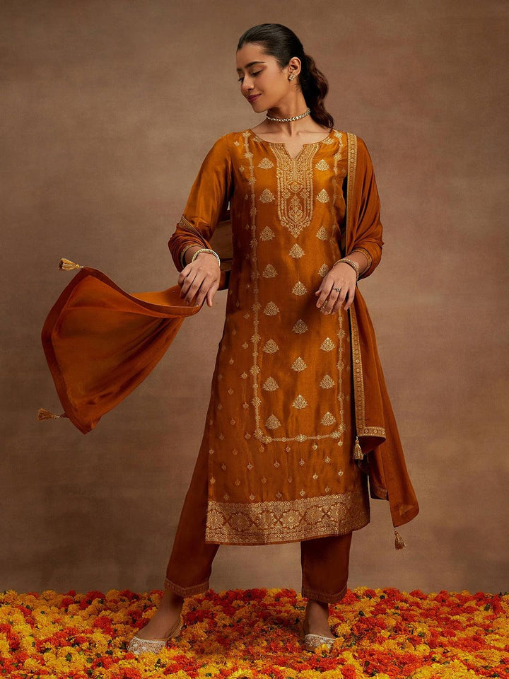 Mustard Woven Design Silk Blend Straight Suit With Dupatta