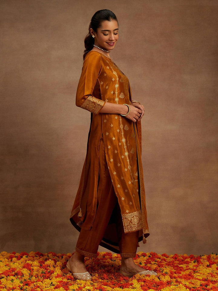 Mustard Woven Design Silk Blend Straight Suit With Dupatta