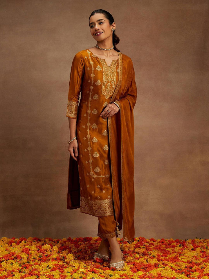 Mustard Woven Design Silk Blend Straight Suit With Dupatta