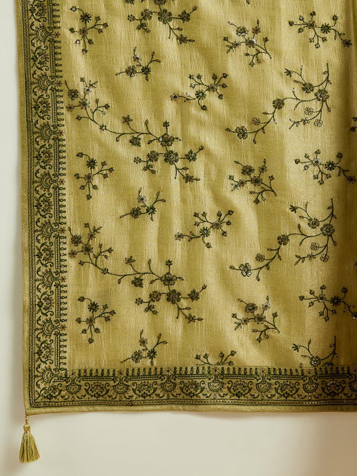 Green Embroidered Silk Blend Straight Suit With Dupatta