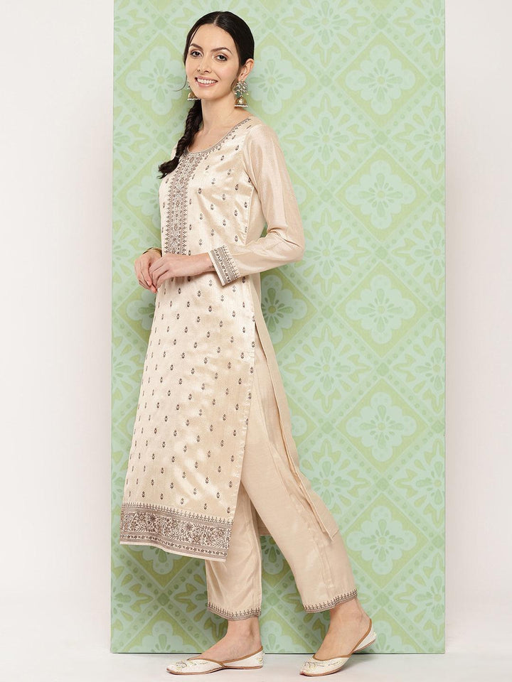 Beige Embroidered Silk Blend Straight Suit With Dupatta