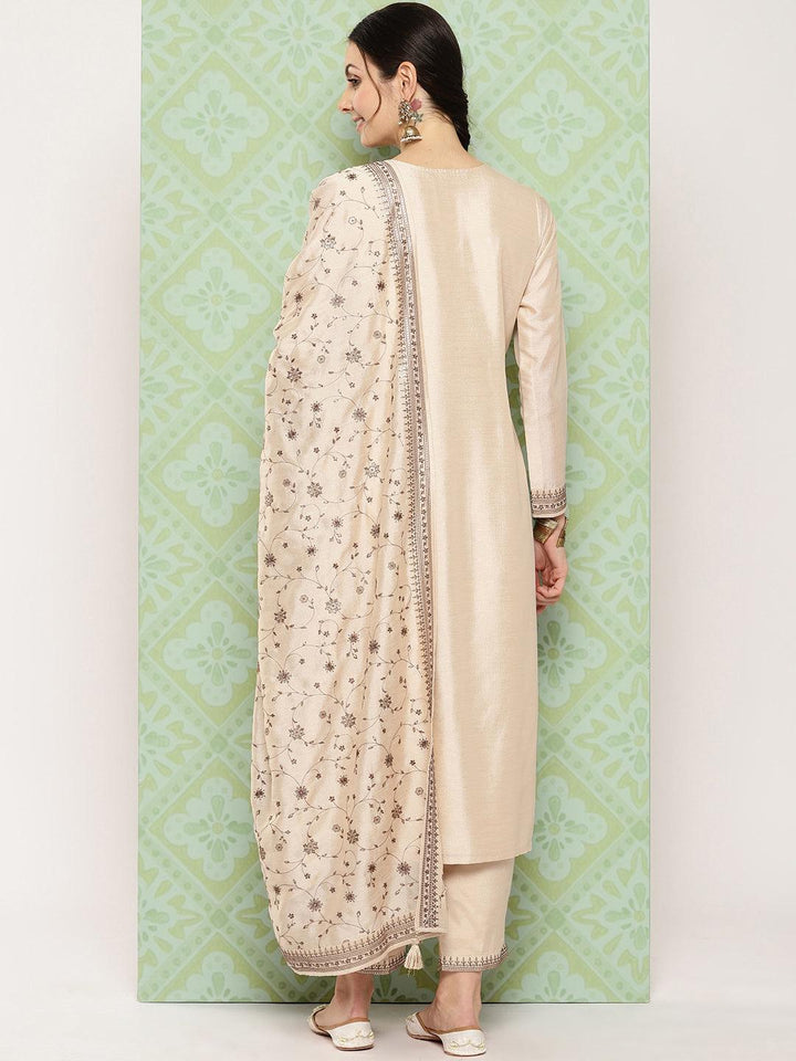 Beige Embroidered Silk Blend Straight Suit With Dupatta