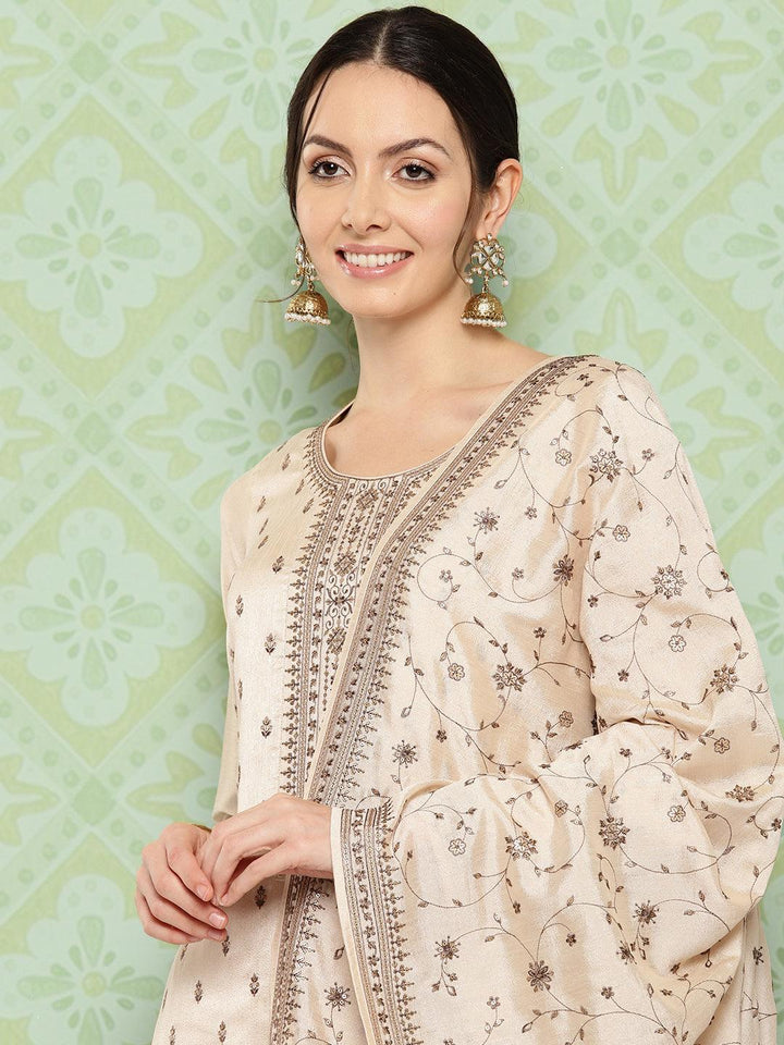 Beige Embroidered Silk Blend Straight Suit With Dupatta