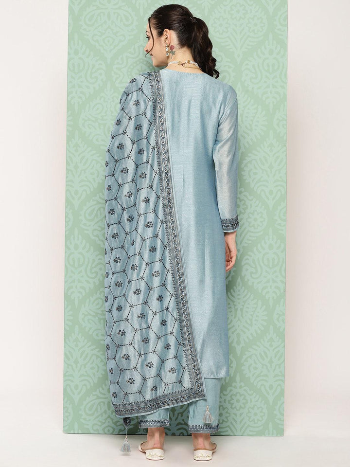 Blue Embroidered Silk Blend Straight Suit With Dupatta