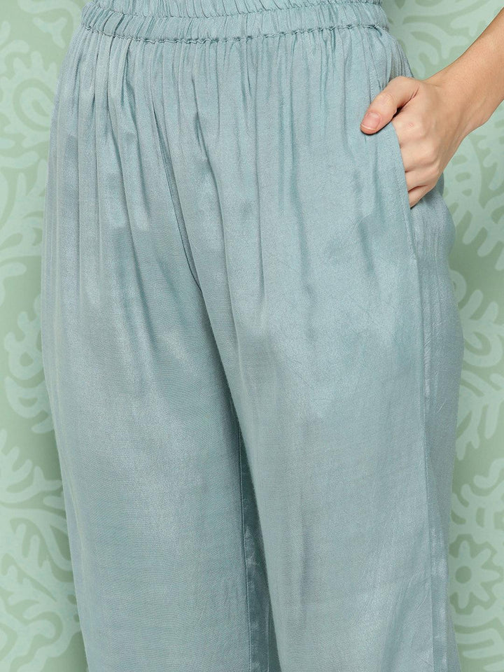 Blue Embroidered Silk Blend Straight Suit With Dupatta