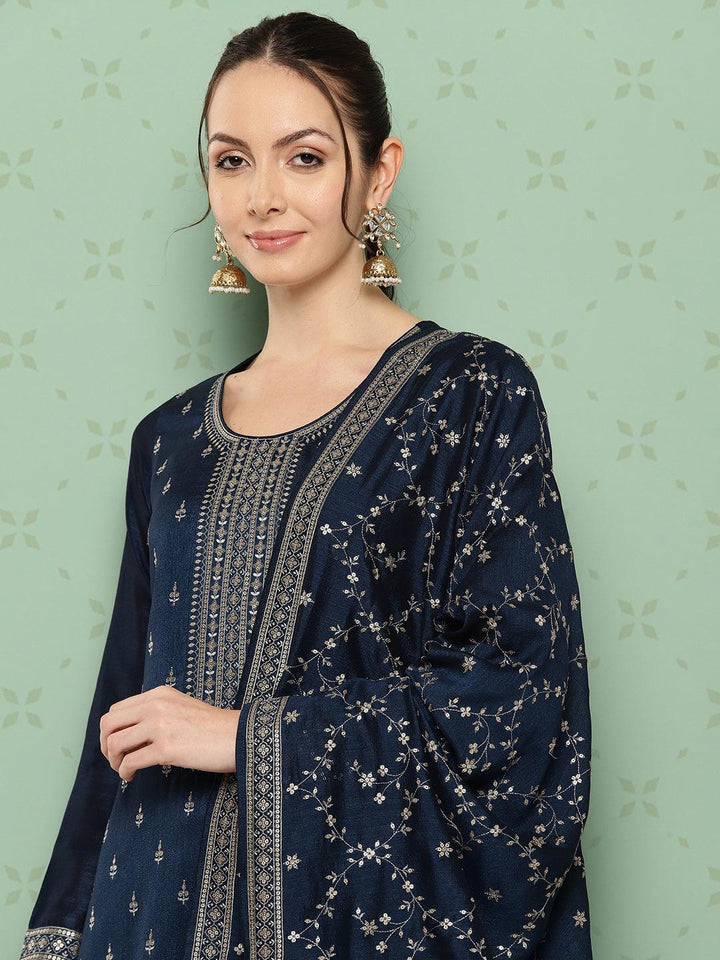 Blue Embroidered Silk Blend Straight Suit With Dupatta