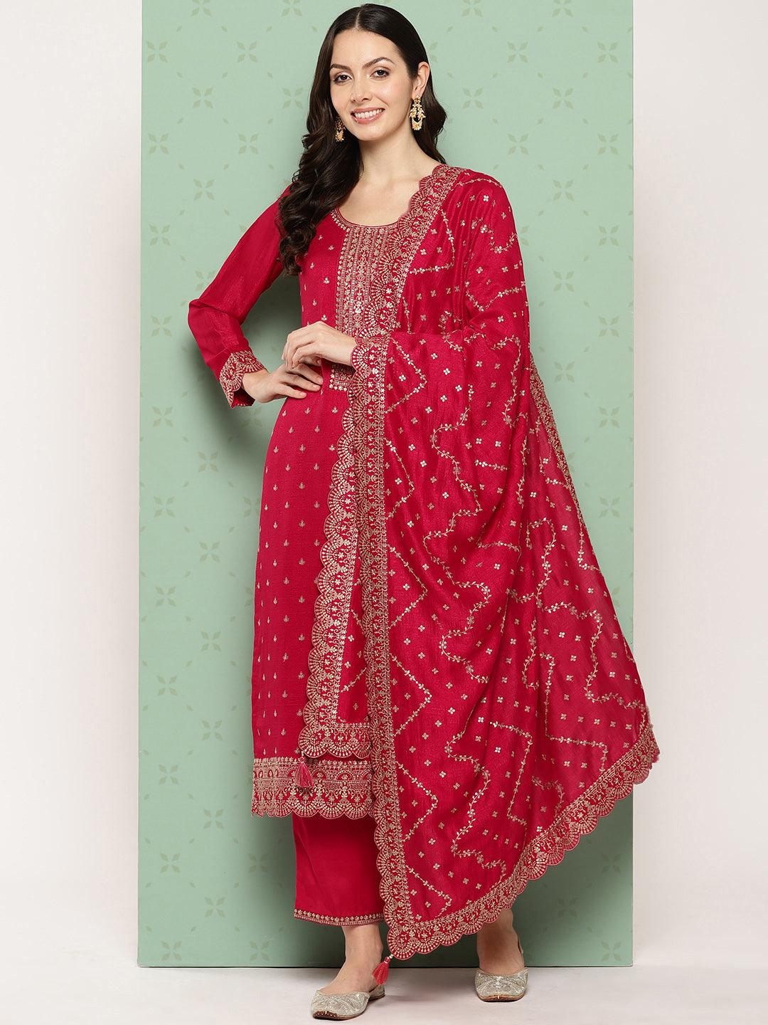 Pink Embroidered Silk Blend Straight Kurta With Trousers & Dupatta - ShopLibas