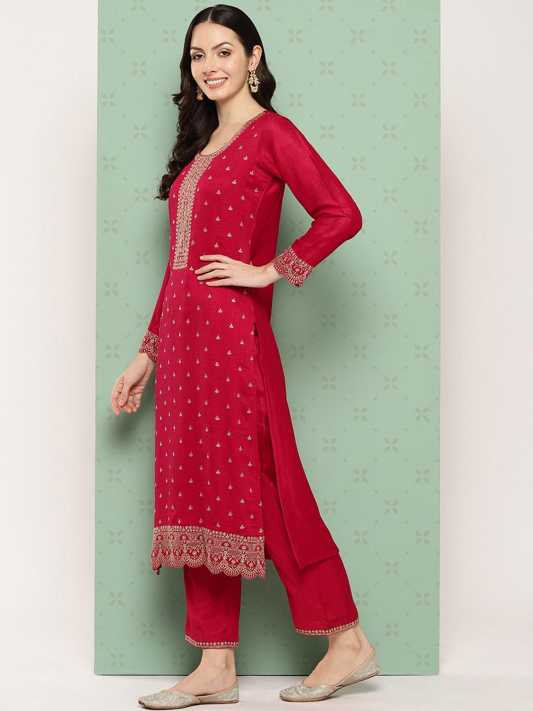 Pink Embroidered Silk Blend Straight Kurta With Trousers & Dupatta - ShopLibas