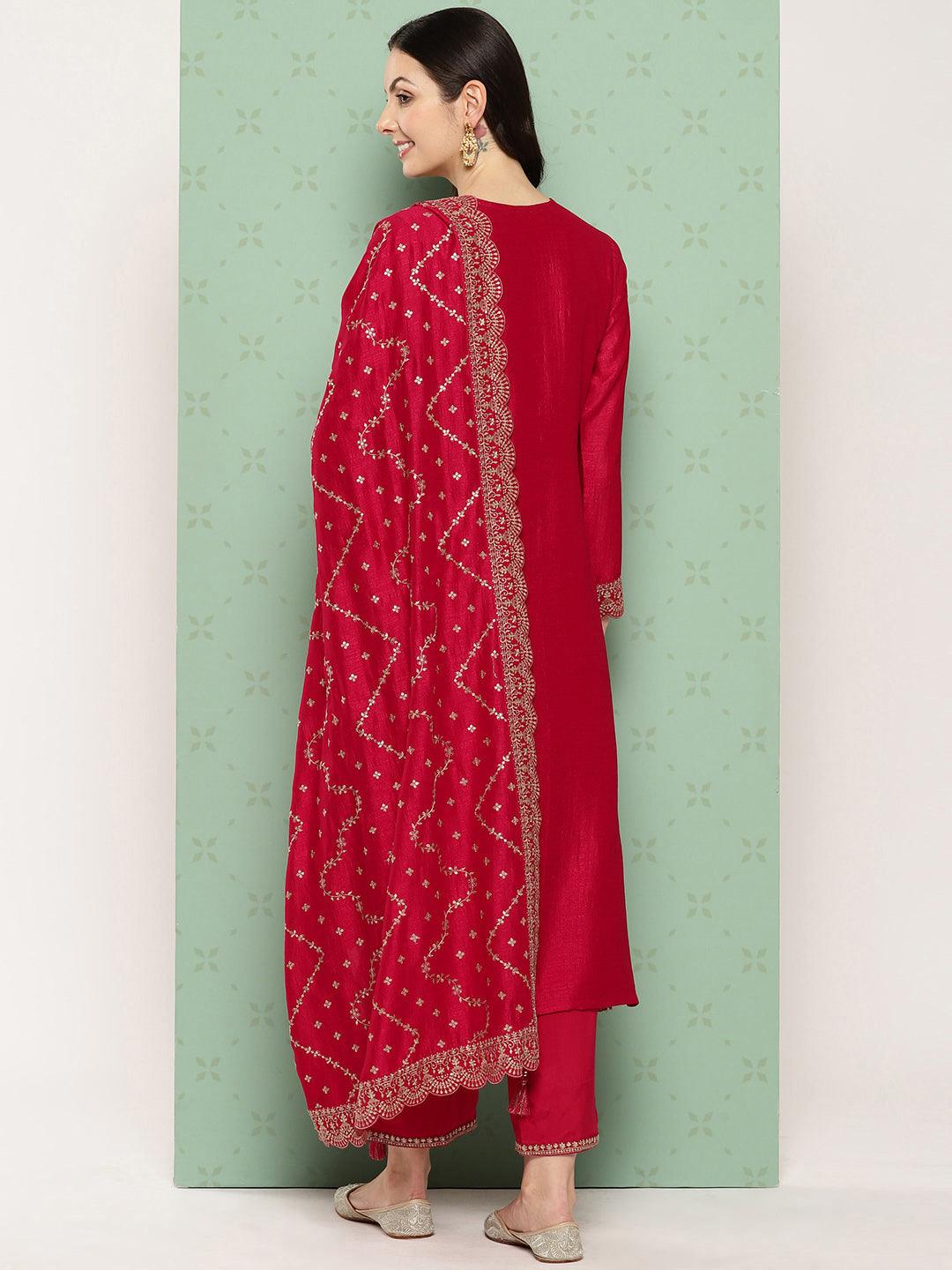 Pink Embroidered Silk Blend Straight Kurta With Trousers & Dupatta - ShopLibas