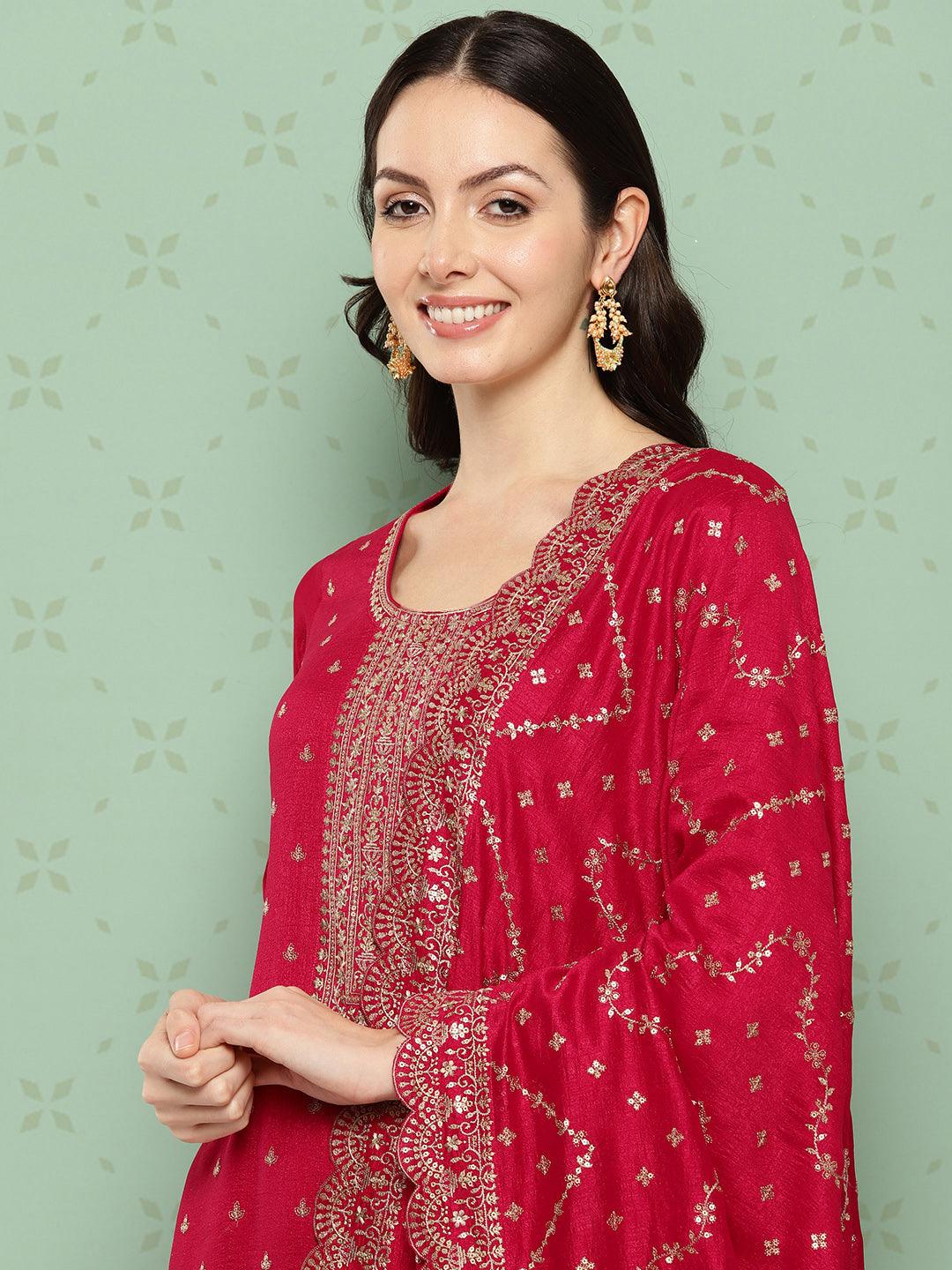 Pink Embroidered Silk Blend Straight Kurta With Trousers & Dupatta - ShopLibas