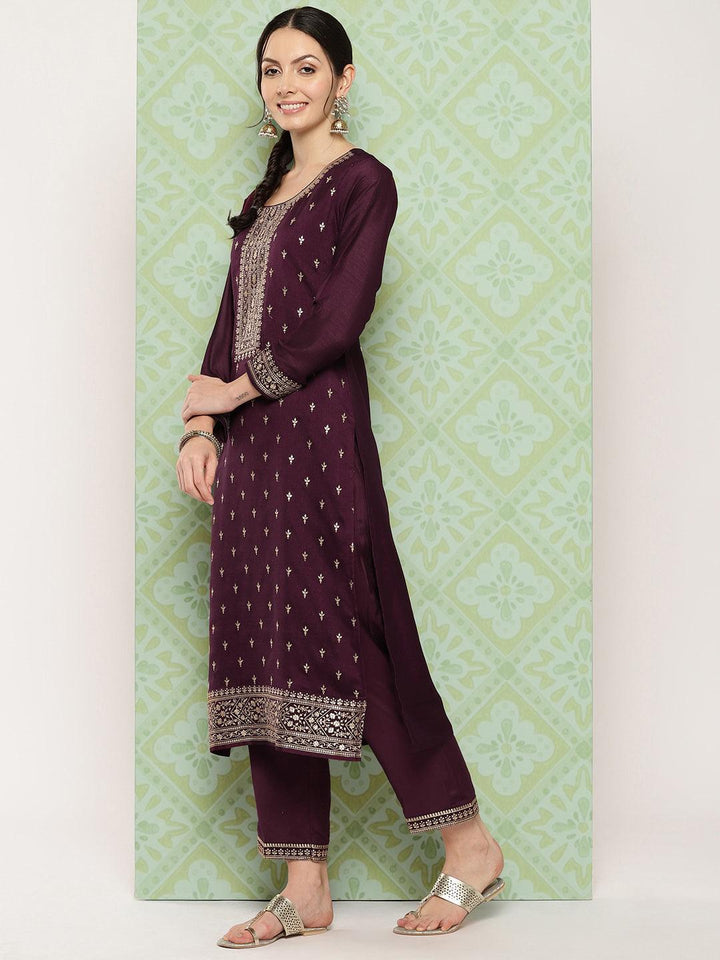 Burgundy Embroidered Silk Blend Straight Suit With Dupatta