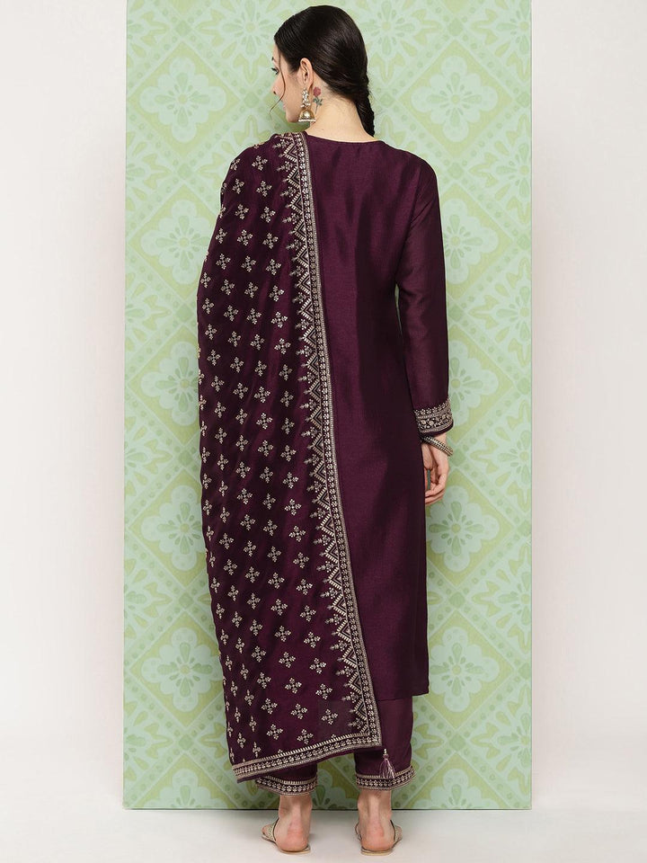 Burgundy Embroidered Silk Blend Straight Suit With Dupatta