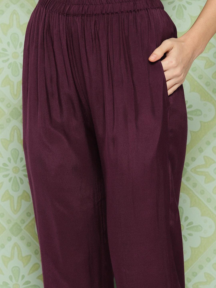 Burgundy Embroidered Silk Blend Straight Suit With Dupatta