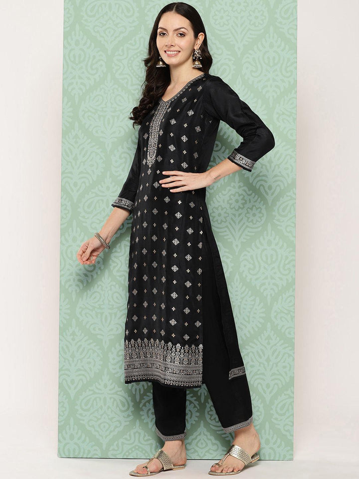 Black Woven Design Silk Blend Straight Suit With Dupatta