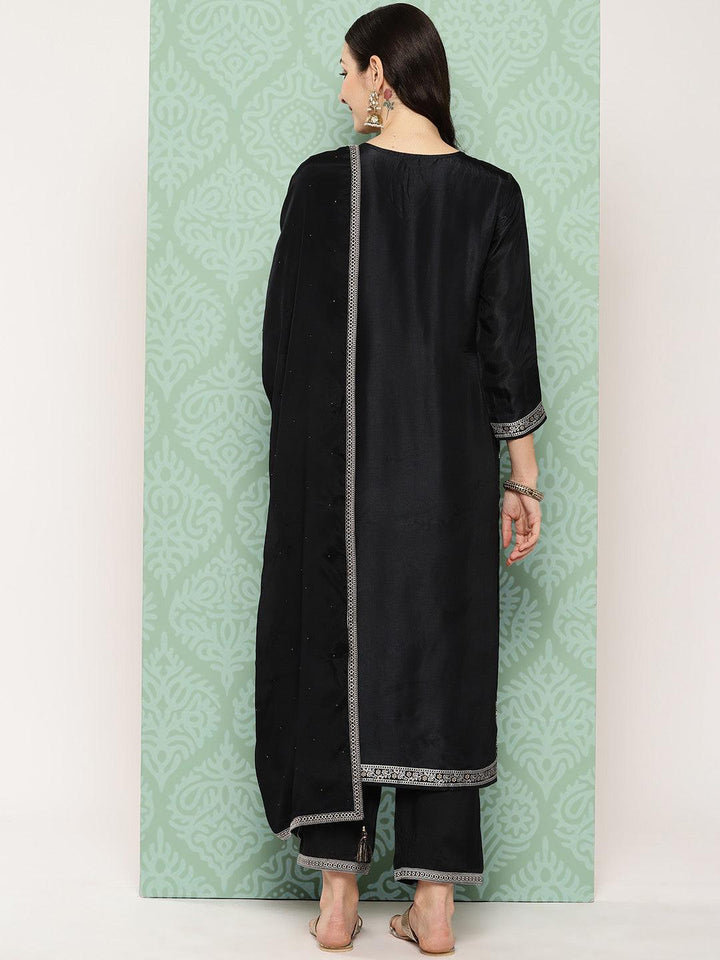 Black Woven Design Silk Blend Straight Suit With Dupatta