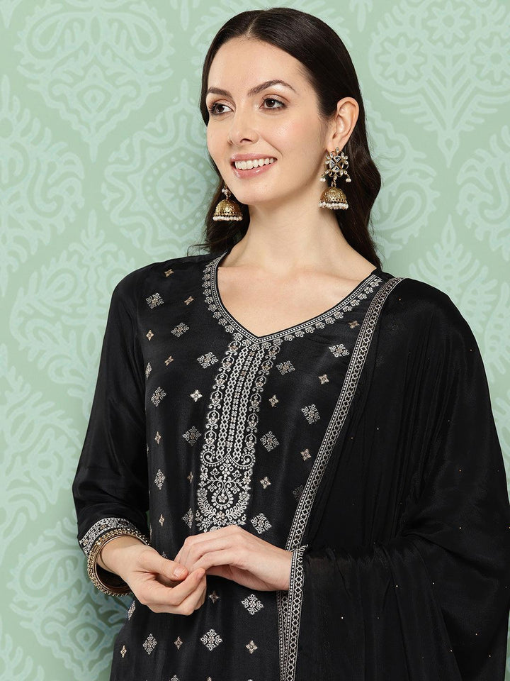 Black Woven Design Silk Blend Straight Suit With Dupatta