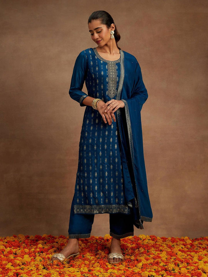 Teal Woven Design Silk Blend Straight Suit With Dupatta