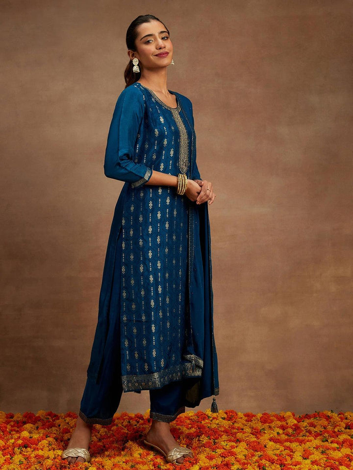 Teal Woven Design Silk Blend Straight Suit With Dupatta