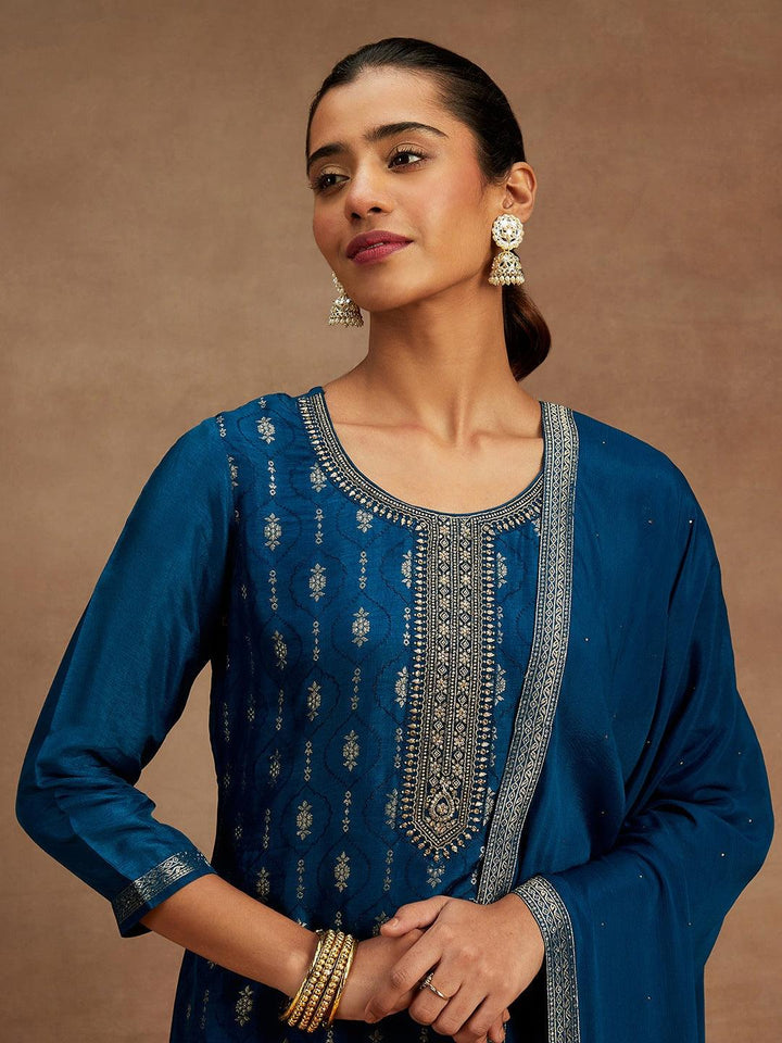 Teal Woven Design Silk Blend Straight Suit With Dupatta