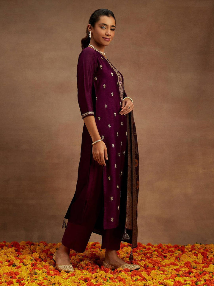 Burgundy Embroidered Silk Blend Straight Suit With Dupatta