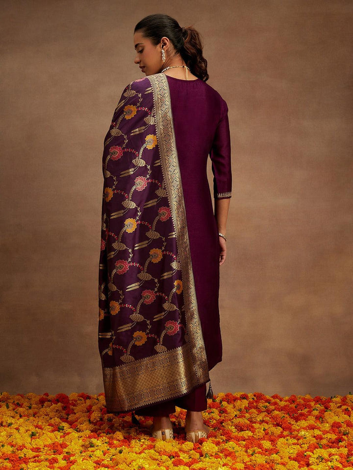 Burgundy Embroidered Silk Blend Straight Suit With Dupatta