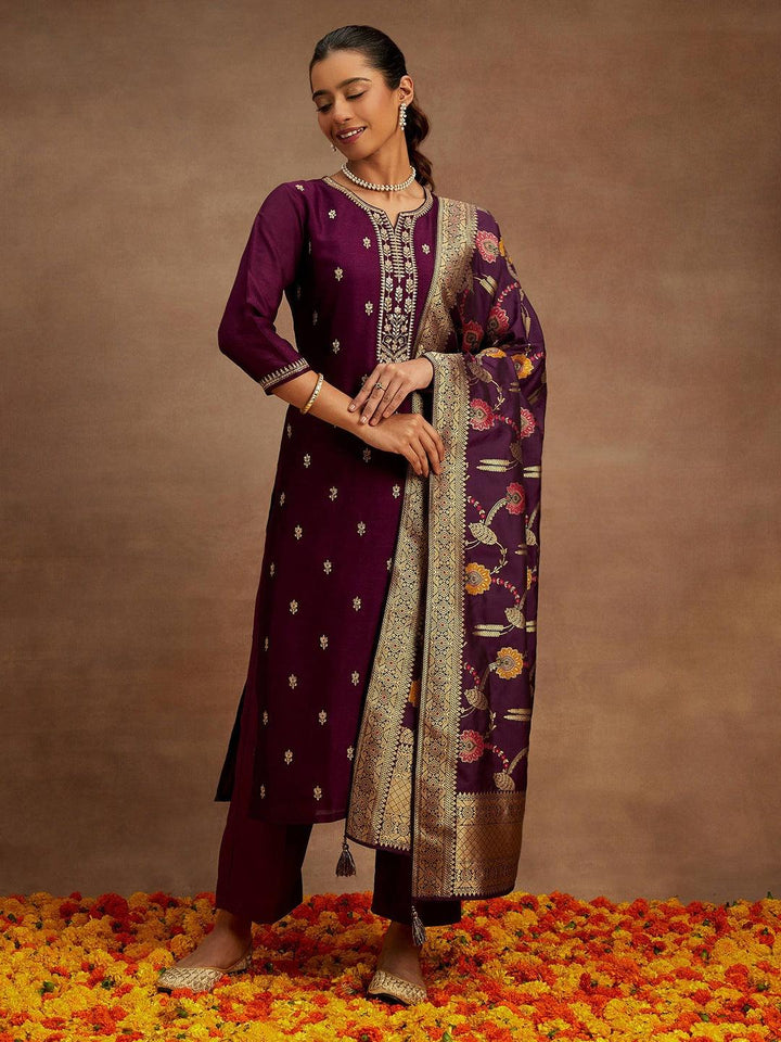 Burgundy Embroidered Silk Blend Straight Suit With Dupatta