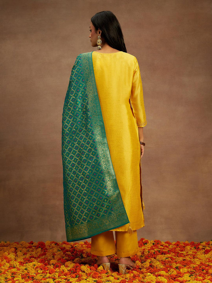 Yellow Embroidered Silk Blend Straight Suit With Dupatta