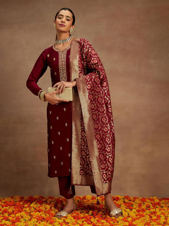 Maroon Embroidered Silk Blend Straight Suit With Dupatta