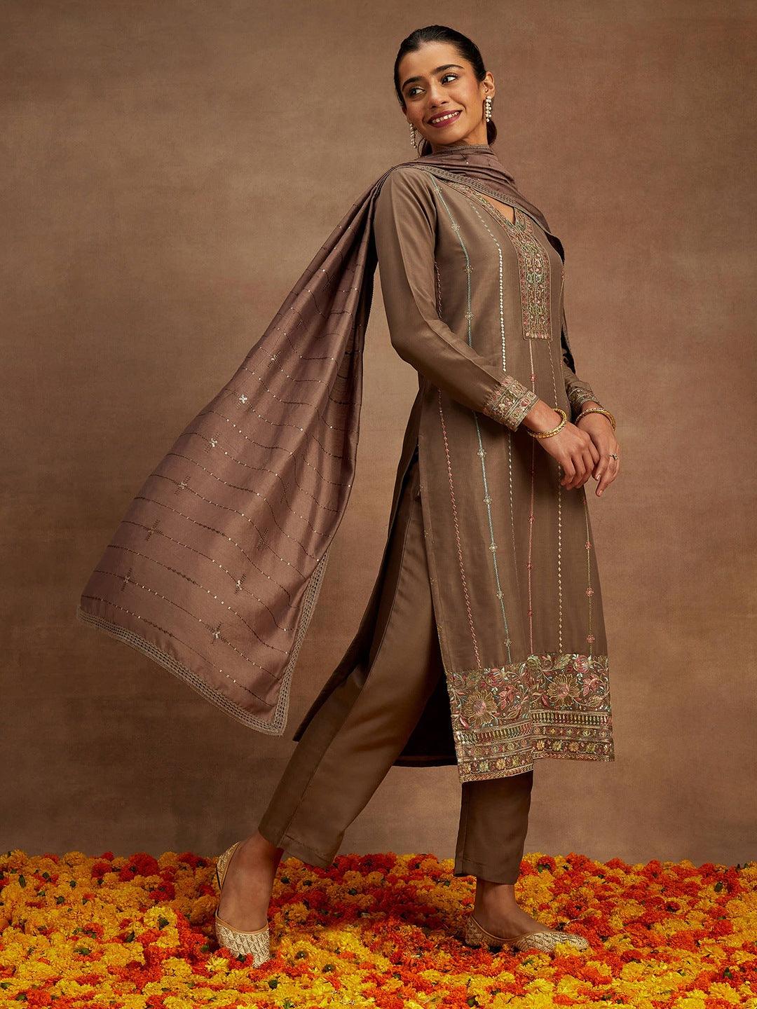 Brown Embroidered Silk Straight Kurta With Trousers & Dupatta - ShopLibas