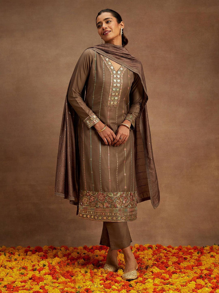 Brown Embroidered Silk Straight Suit With Dupatta