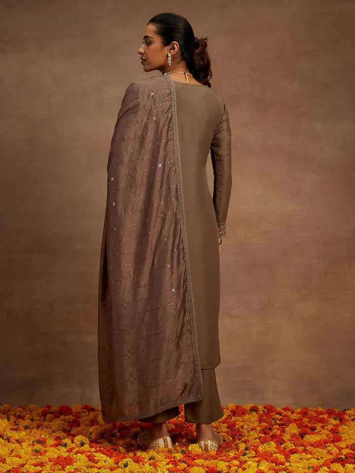 Brown Embroidered Silk Straight Suit With Dupatta