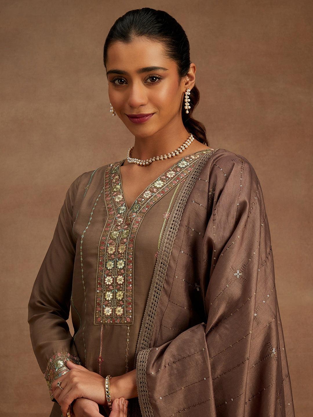 Brown Embroidered Silk Straight Kurta With Trousers & Dupatta - ShopLibas