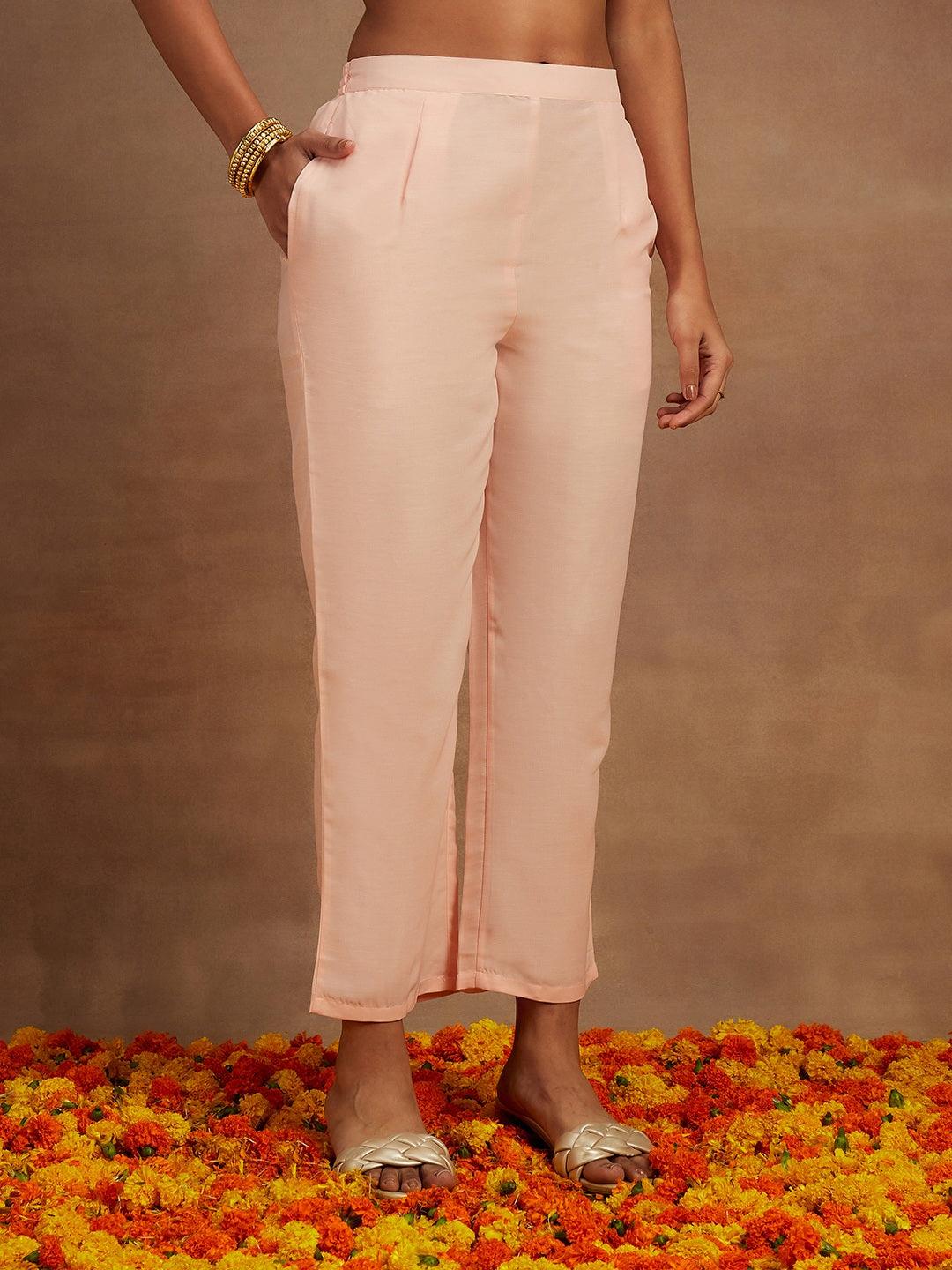 Pink Embroidered Silk Straight Kurta With Trousers & Dupatta - ShopLibas