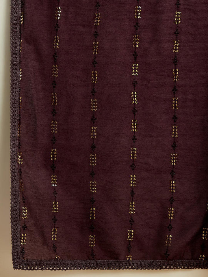 Wine Embroidered Silk Straight Suit With Dupatta