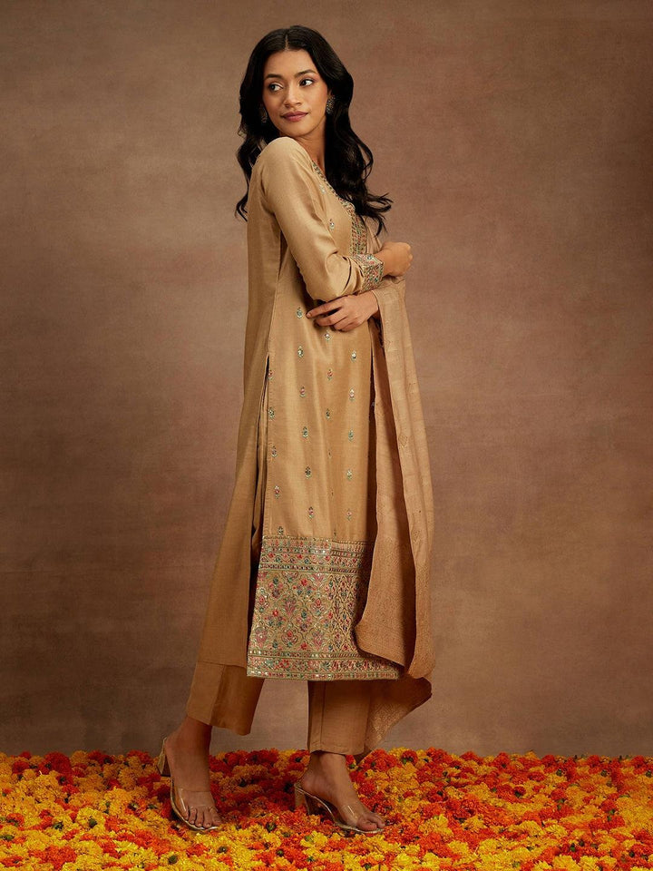 Tan Embroidered Silk Straight Suit With Dupatta