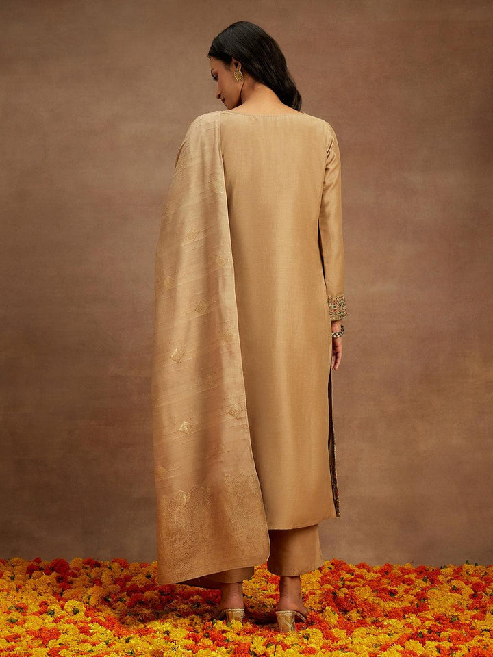 Tan Embroidered Silk Straight Suit With Dupatta