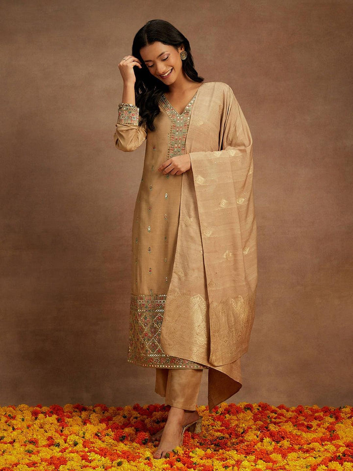 Tan Embroidered Silk Straight Suit With Dupatta