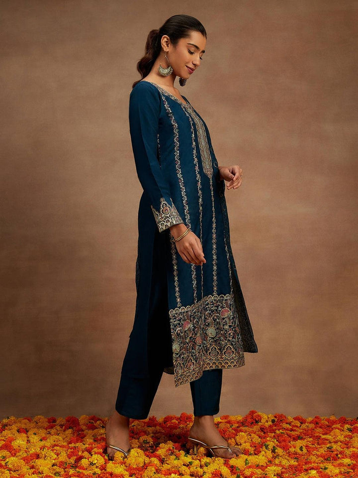 Teal Embroidered Silk Straight Suit With Dupatta
