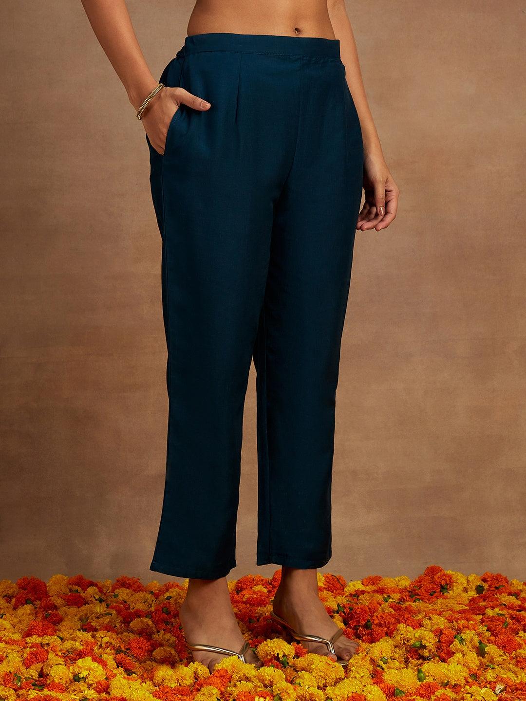 Teal Embroidered Silk Straight Kurta With Trousers & Dupatta - ShopLibas