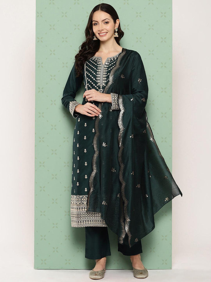 Green Printed Silk Straight Suit With Dupatta