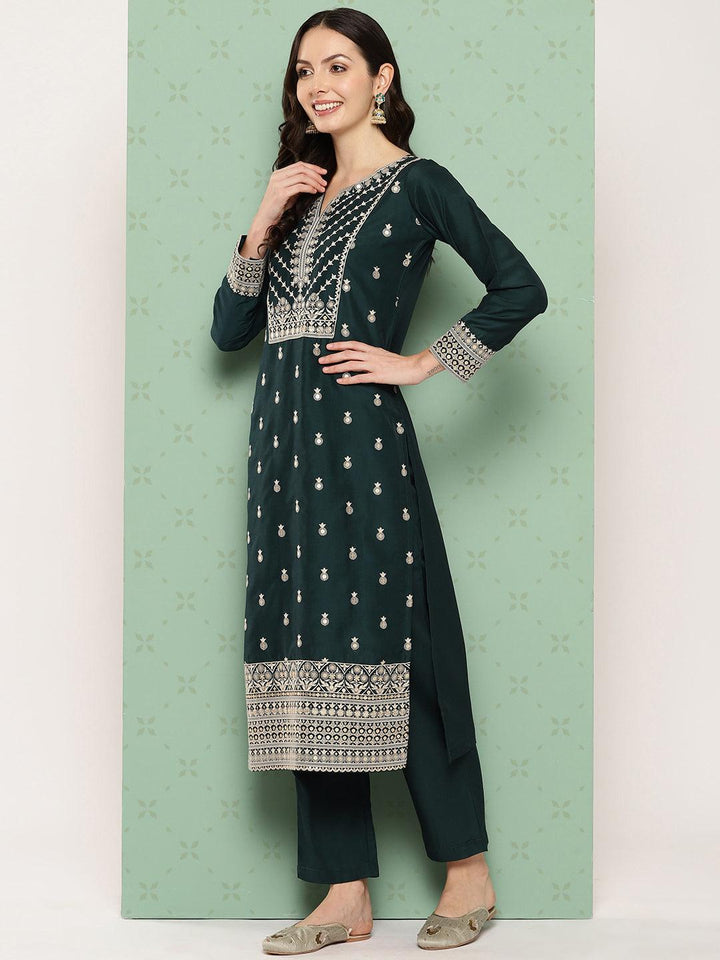 Green Printed Silk Straight Suit With Dupatta