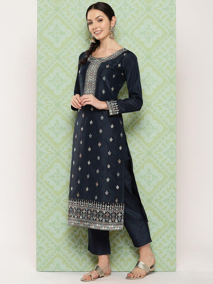 Blue Printed Silk Straight Suit With Dupatta